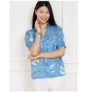 Talbots Blue Floral Garden Blouse Smocked Sleeve Button Up Cotton Blouse Top M